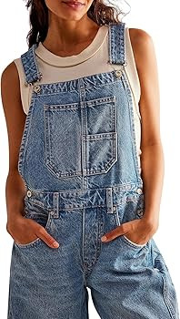 PLNOTME Womens Denim Bib Overalls Barrel Leg Adjustable Strap Jean Pants Jumpsuits with Pockets | Amazon (US)