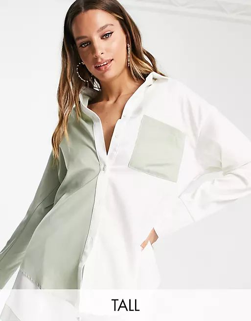 4th & Reckless Tall color block shirt in sage & ecru - part of a set | ASOS (Global)