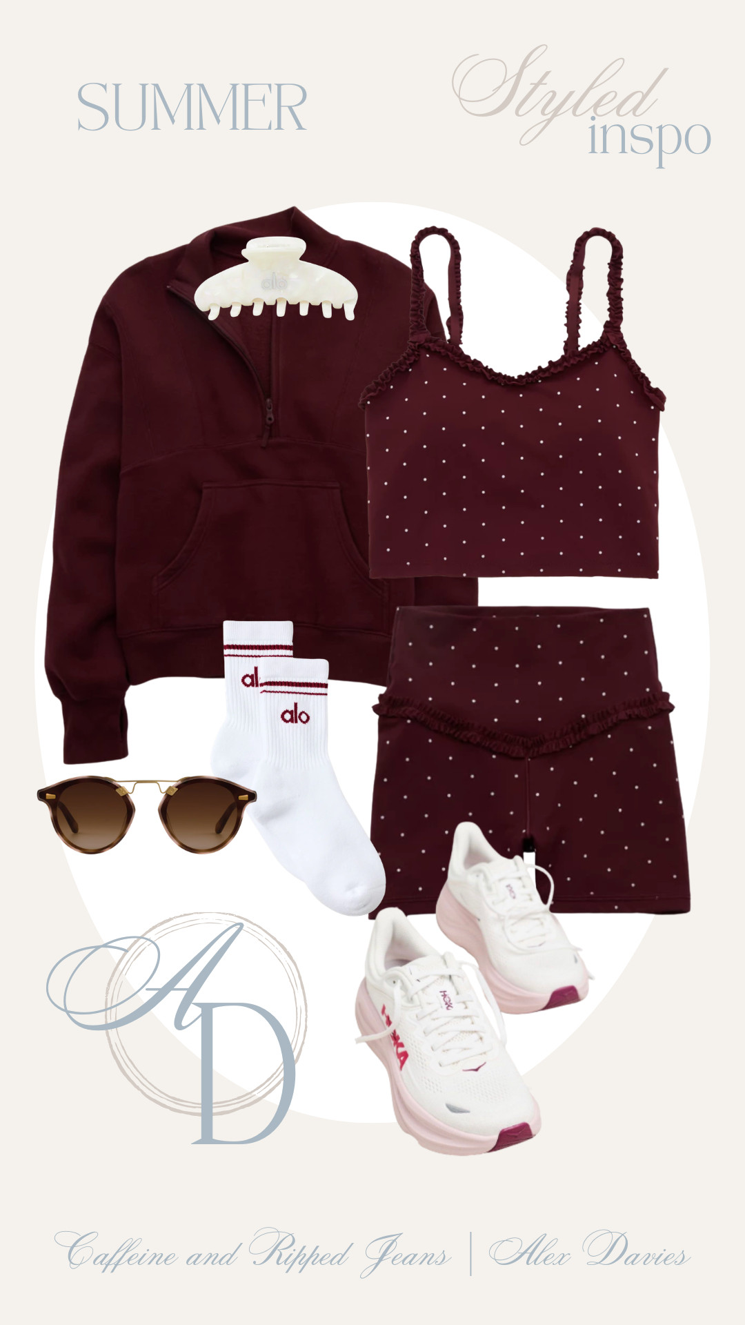 // polka dot and ruffle set // burgundy colored set // alo claw clip // hokas // alo socks // krewe sunglasses // workout set for summer // pullover // 

 #LTKdayinmylife #LTKootd #LTKActive