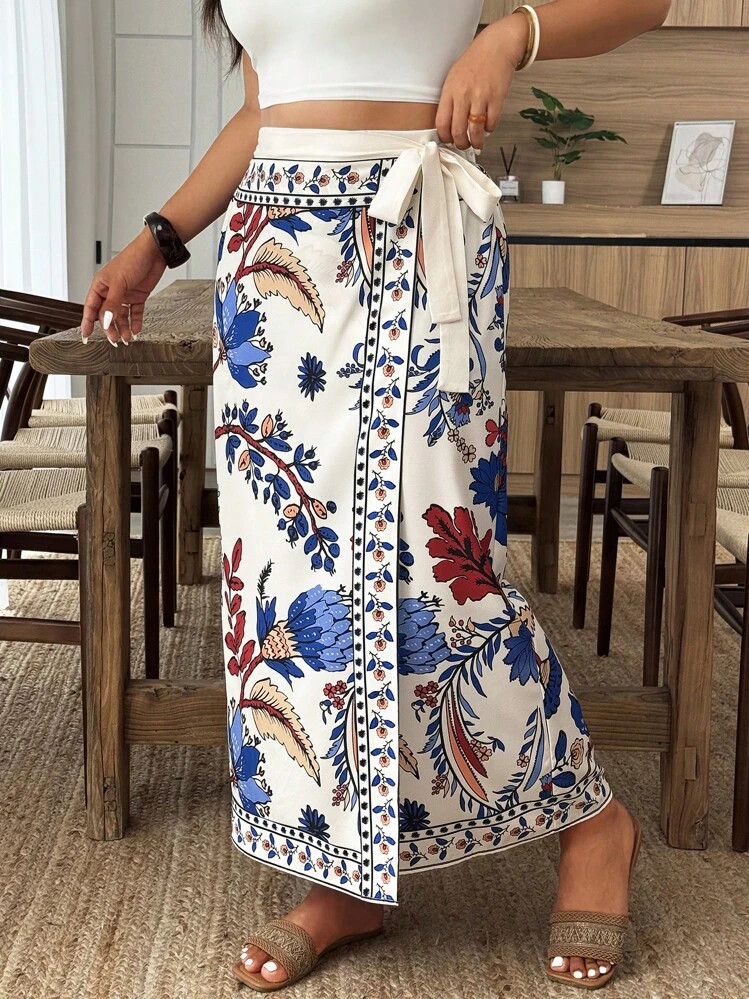 Weeklong Plus Size Summer Floral Print Wrap Tie-Side Skirt For Vacation Fall Cloth For Women | SHEIN