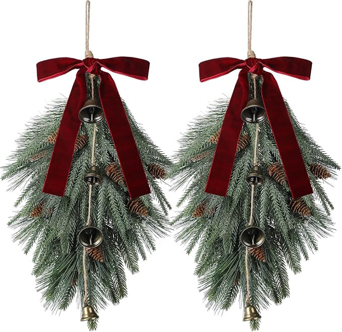 Shihanee 2 Pcs 24" Christmas Teardrop Swag Rustic Door Swag Teardrop Wreath Artificial Norfolk Pi... | Amazon (US)