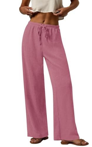 PRETTYGARDEN Women's Pants Casual High Waisted Palazzo Pants for Women with Pockets Textured Wide Leg Stretch Maternity Pants (Pink, Small) | Amazon (US)