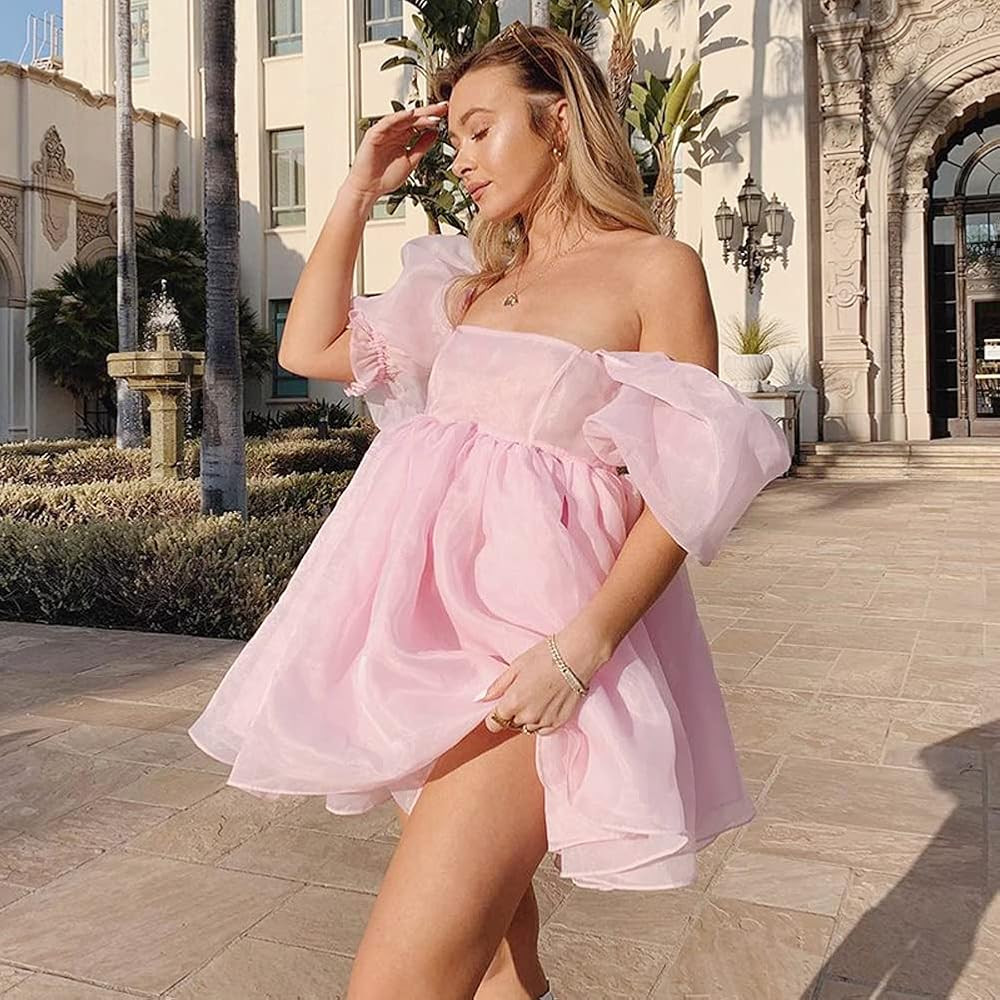 Women's Puff Sleeve Tulle Princess Dress Solid Color Summer Ruffle Mesh Party Prom Mini Fairy Dress | Amazon (US)