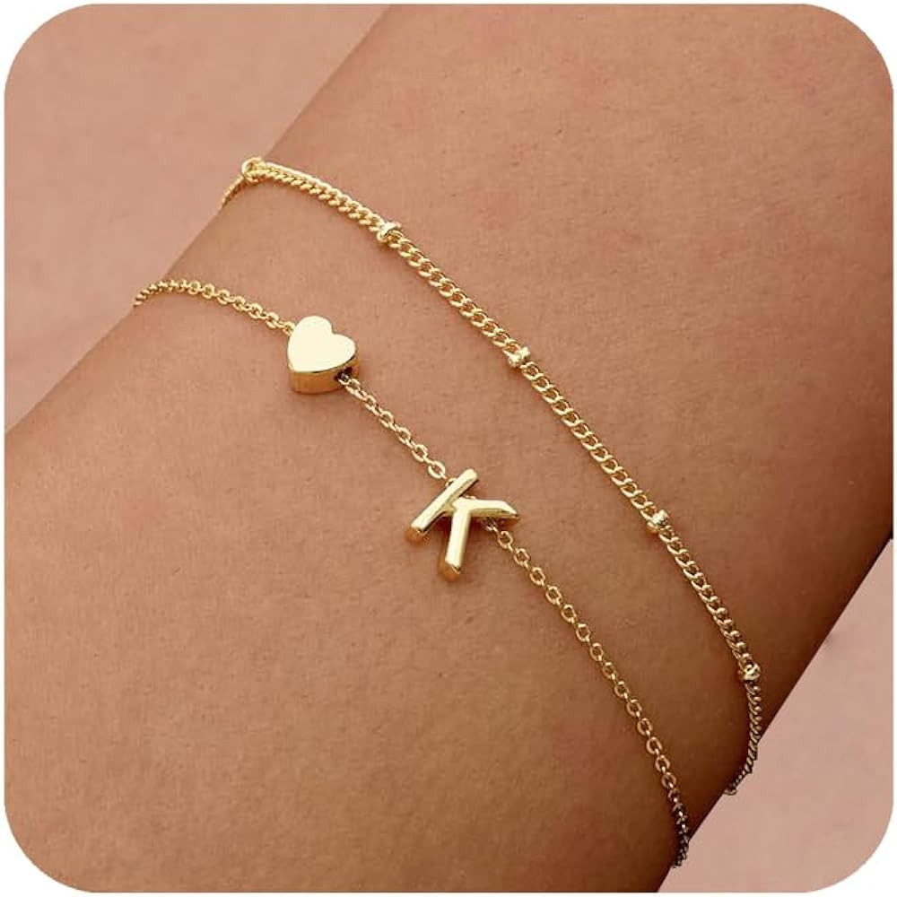 DEARMAY Dainty Initial Heart Gold Bracelets for Women Trendy, 14K Real Gold Letter Charm Bracelet... | Amazon (US)