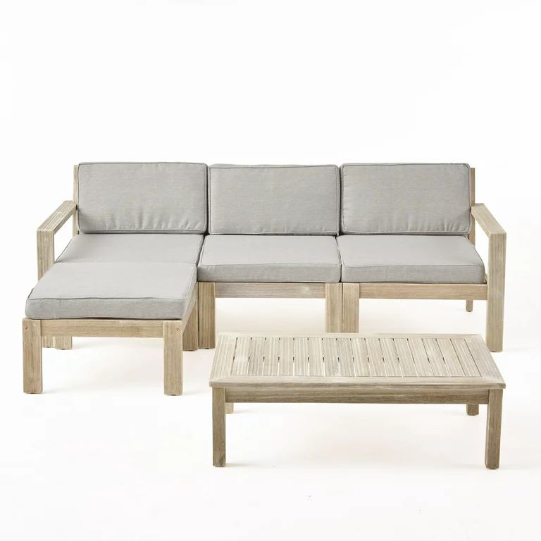 Santa Otis Outdoor 3 Seater Acacia Wood Sofa Sectional with Cushions, Light Gray and Light Gray | Walmart (US)