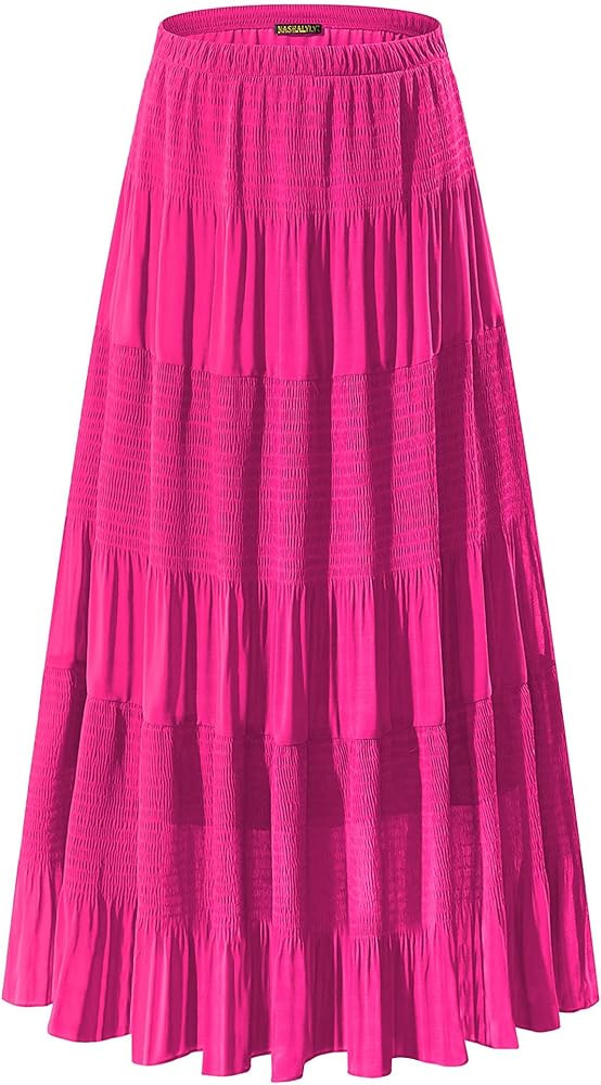 NASHALYLY Women's Chiffon Elastic High Waist Pleated A-Line Flared Maxi Skirts | Amazon (US)