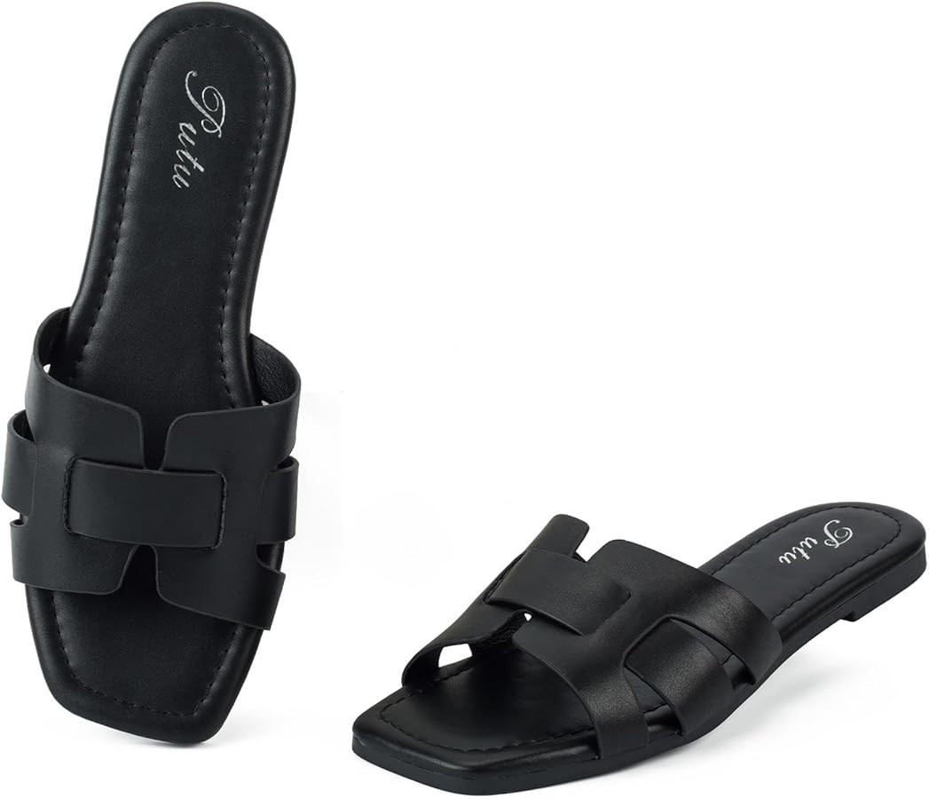 Putu Women's Flat Sandals Dressy Summer Sandals H-Band Slides with Square Open Toe | Amazon (US)