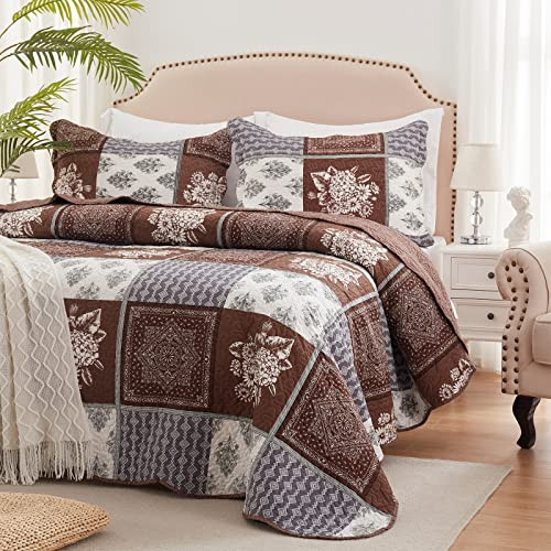 Full/Queen Size Quilt Set 3 Pieces Lightweight Reversible Bedspread-90''x98'' Soft Patchwork Border Floral Coverlet Warm Microfiber Bed Cover for All Seasons Brown Bedding Set(1 Quilt,2 Pillow Shams) | Amazon (US)