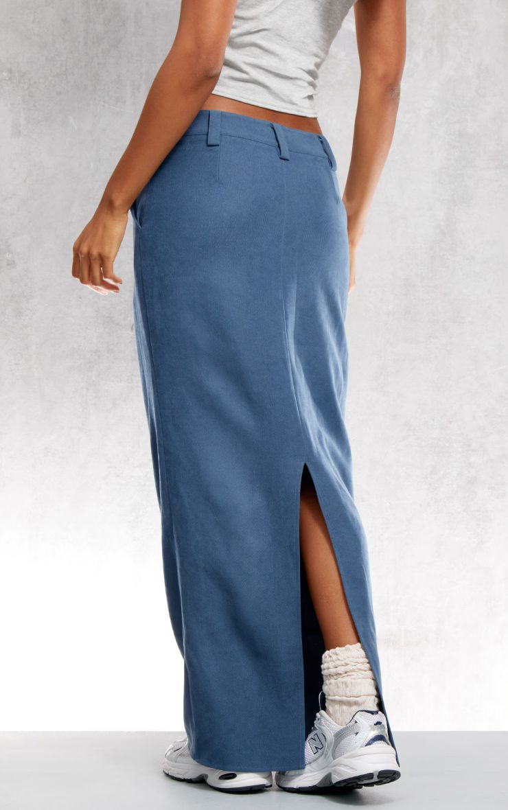Blue Soft Twill Blend Split Back Tailored Maxi Skirt | PrettyLittleThing US