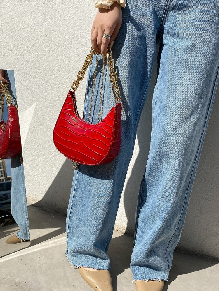 Minimalist Croc Embossed Chain Baguette Bag | SHEIN