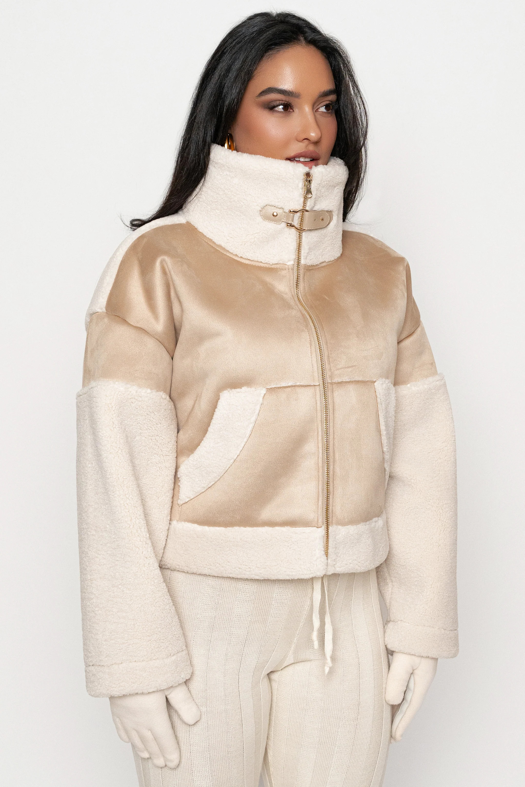Sand Suede And Sherpa Jacket | JLUXLABEL