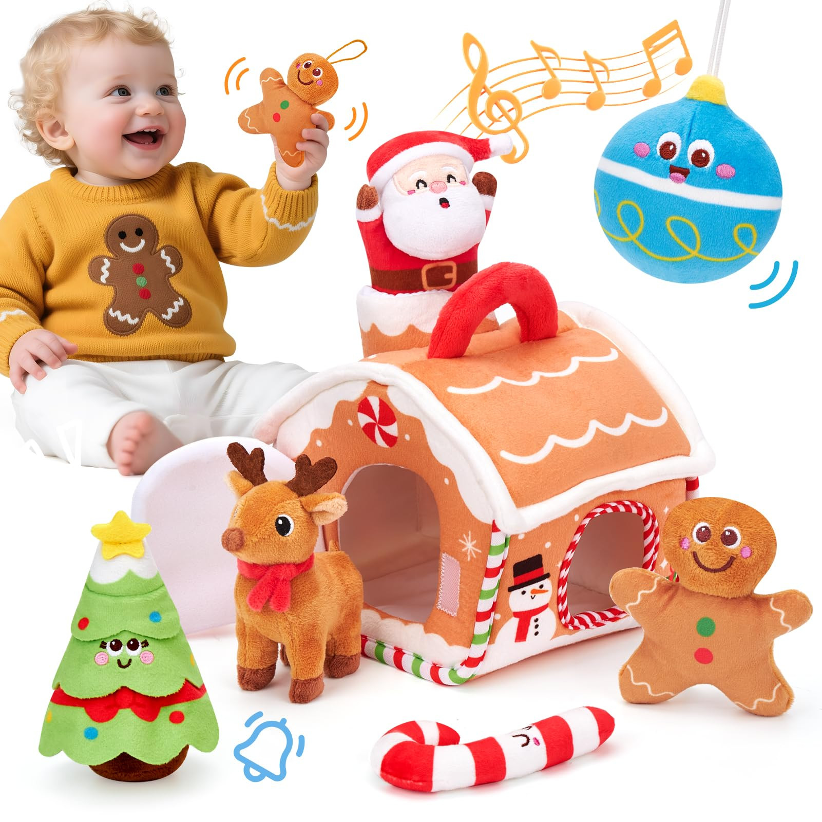 hahaland Baby Christmas Toy for 6 + 12 18 Months – Musical & Sensory Plush Christmas Toys Set w... | Amazon (US)