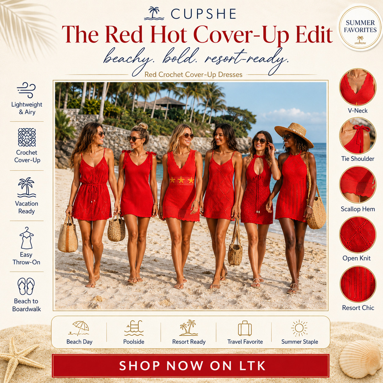 @Cupshe Summer | Red Crochet Dress Swimsuit Coverups 

The bold red crochet cover-up lineup that makes every beach look feel instantly more styled, more flattering, and more vacation-ready. ☀️ 

These CUPSHE red crochet cover-up dresses are perfect when you want something lightweight, breezy, and easy to throw on over a swimsuit — but still cute enough to feel like a full outfit. 

The red color gives that confident summer pop, the crochet texture feels elevated and resort-chic, and the mix of V-neck, tie-shoulder, scallop hem, open-knit, and sleeveless styles makes it easy to find the fit that feels most like you.

This is the edit to check first for beach days, poolside lounging, resort trips, Fourth of July weekend, lake days, cruises, boardwalk walks, tropical vacations, and beach-to-lunch outfits. 

It solves the “I need a cover-up that actually completes the look” problem — not just something to toss on, but something that makes your swimsuit outfit feel intentional.

Add sandals, sunnies, a woven tote, gold jewelry, or a straw hat and you’re instantly giving red-hot resort energy with almost no effort.

I pulled together the red crochet styles worth checking first so you can skip the scroll and go straight to the cover-ups that feel the most flattering, wearable, and summer-photo ready.

📌 SAVE this for beach cover-up ideas, Fourth of July weekend outfits, and red crochet dresses that make your swim look feel fully styled.

↓ Everything is linked!

#LTKSaleAlert #LTKSwim #LTKTravel