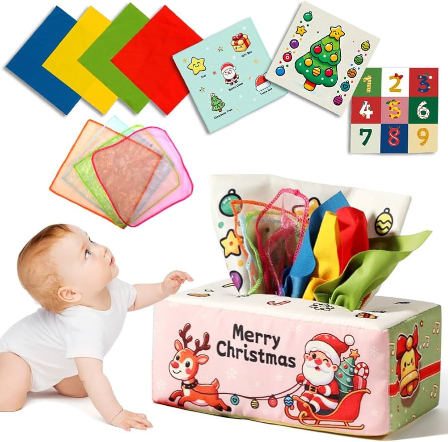 Christmas Baby Toy for 6-12M – Christmas Tissue Box Sensory Pull Toy with Crinkle Papers, Handk... | Amazon (US)