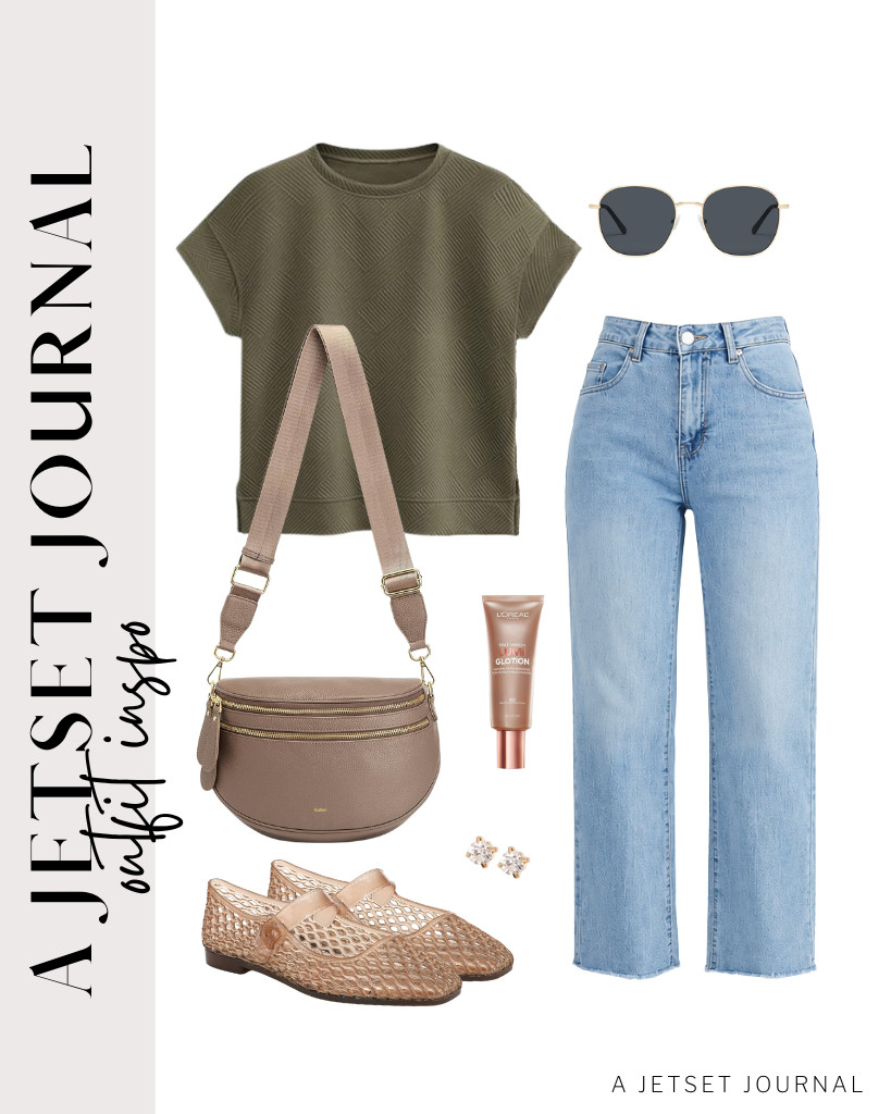 This army green short-sleeve top and light-wash jeans combo is our next outfit to style. A pair of lightweight Sam Edelman jelly flats and a Kattee Crossbody bag completes this look. Many people love L'Oréal Paris’ Lumi Glotion, so I’m adding this to this look. 

#LTKSeasonal #LTKSaleAlert #LTKTravel
 

 