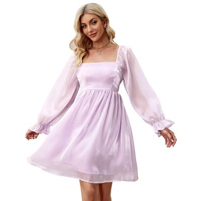 BLUEMING Womens Babydoll Dress Square Neck Midi Dress with Gather Cuff Mesh Sleeve High Waist Dress, Light purple - 3XL | Target