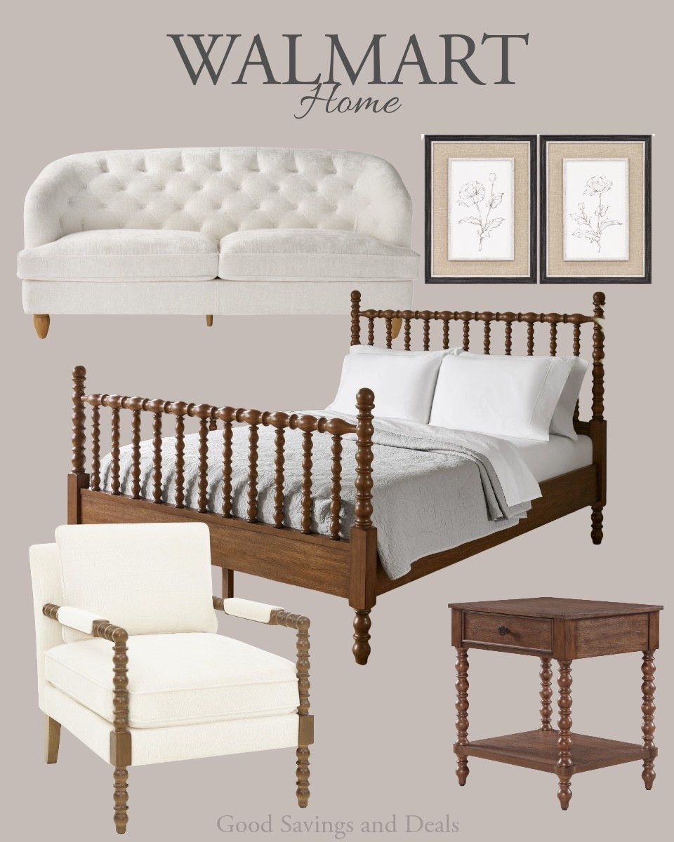 Home finds. Spindle bed and chairs. Bedroom furniture. Timeless design. Velvet neutral sofa. Wall art. Modern farmhouse furniture. 

#LTKHome #LTKSaleAlert