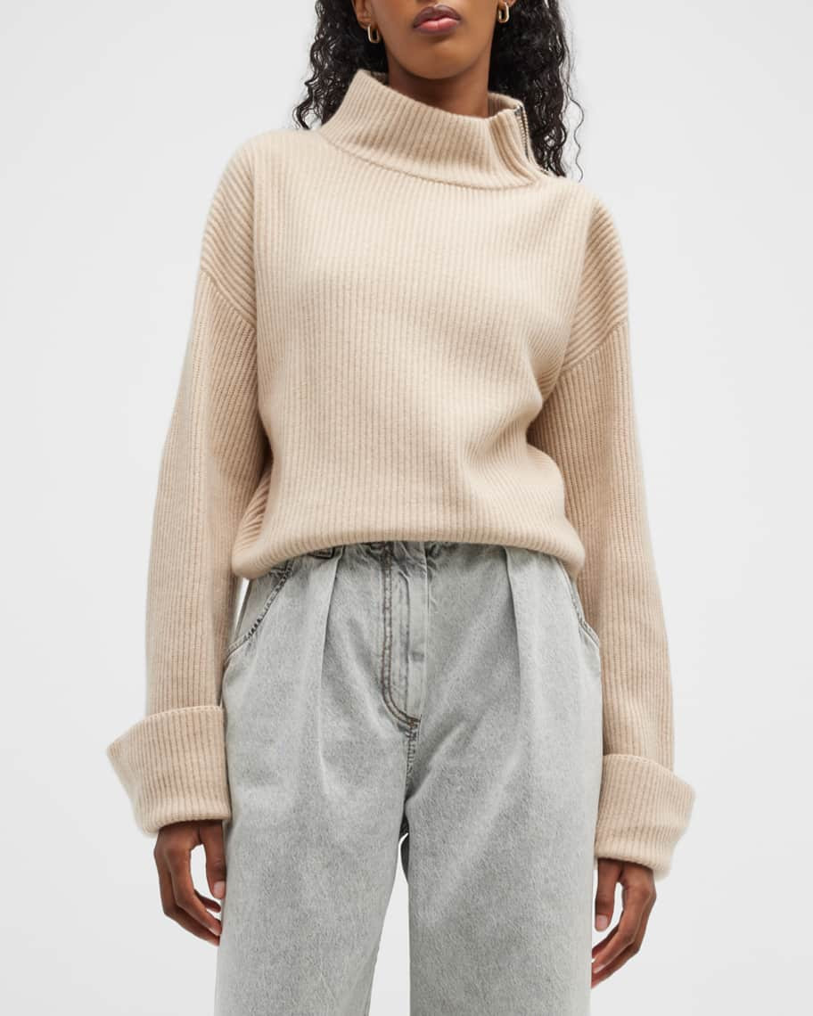 Brunello Cucinelli Monili Zipper-Shoulder Cashmere Rib Sweater | Neiman Marcus