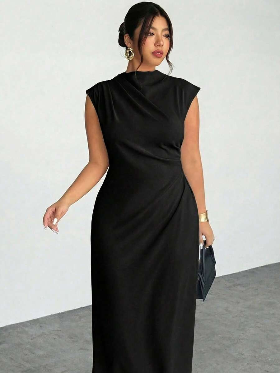 Firerie Plus Size Women's Solid Color Pleated Collar Elegant Dress | SHEIN