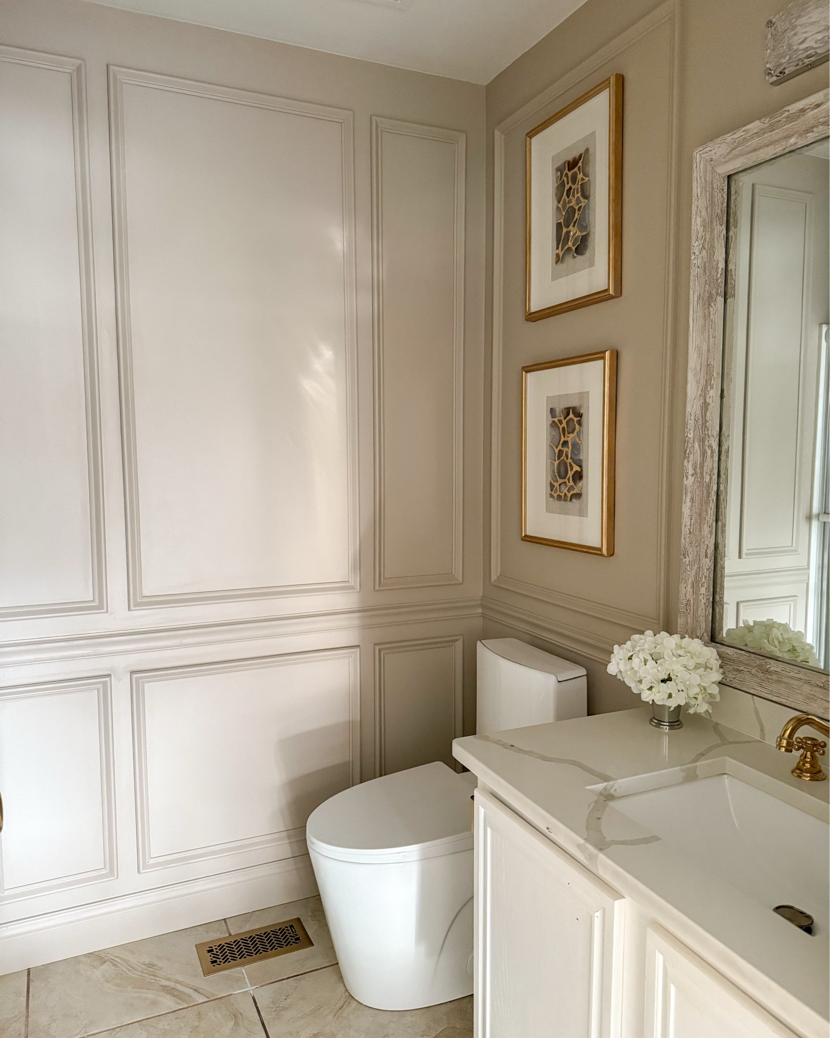 Accent wall! Love how the molding gave this space an architectural detail that elevated the space. Also, this paint is a beautiful brown shade. 

#wallmolding #bathroomdesign #interiordesign #timelessdesign #classicdesign


#LTKHome