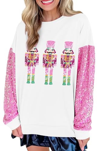 Women Christmas Nutcracker Sweatshirt Sequin Embroidered Oversized Sweater Long Sleeve Pullover Sweatshirts Top(Saprkle Multicolor,XX-Large) | Amazon (US)