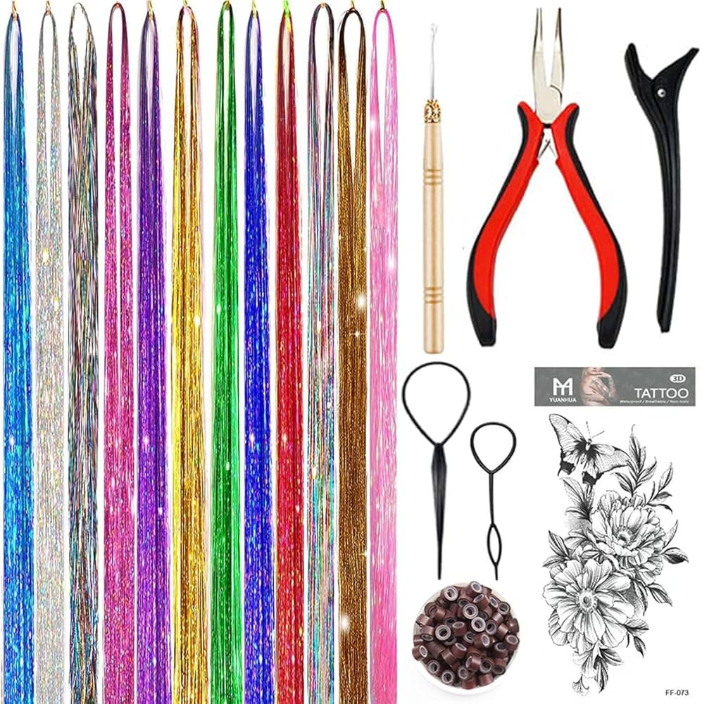 Hair Tinsel Kit, Fairy Tinsel Hair Extensions With Tool 2760 Strands 12 Colors Holographic Heat R... | Amazon (US)