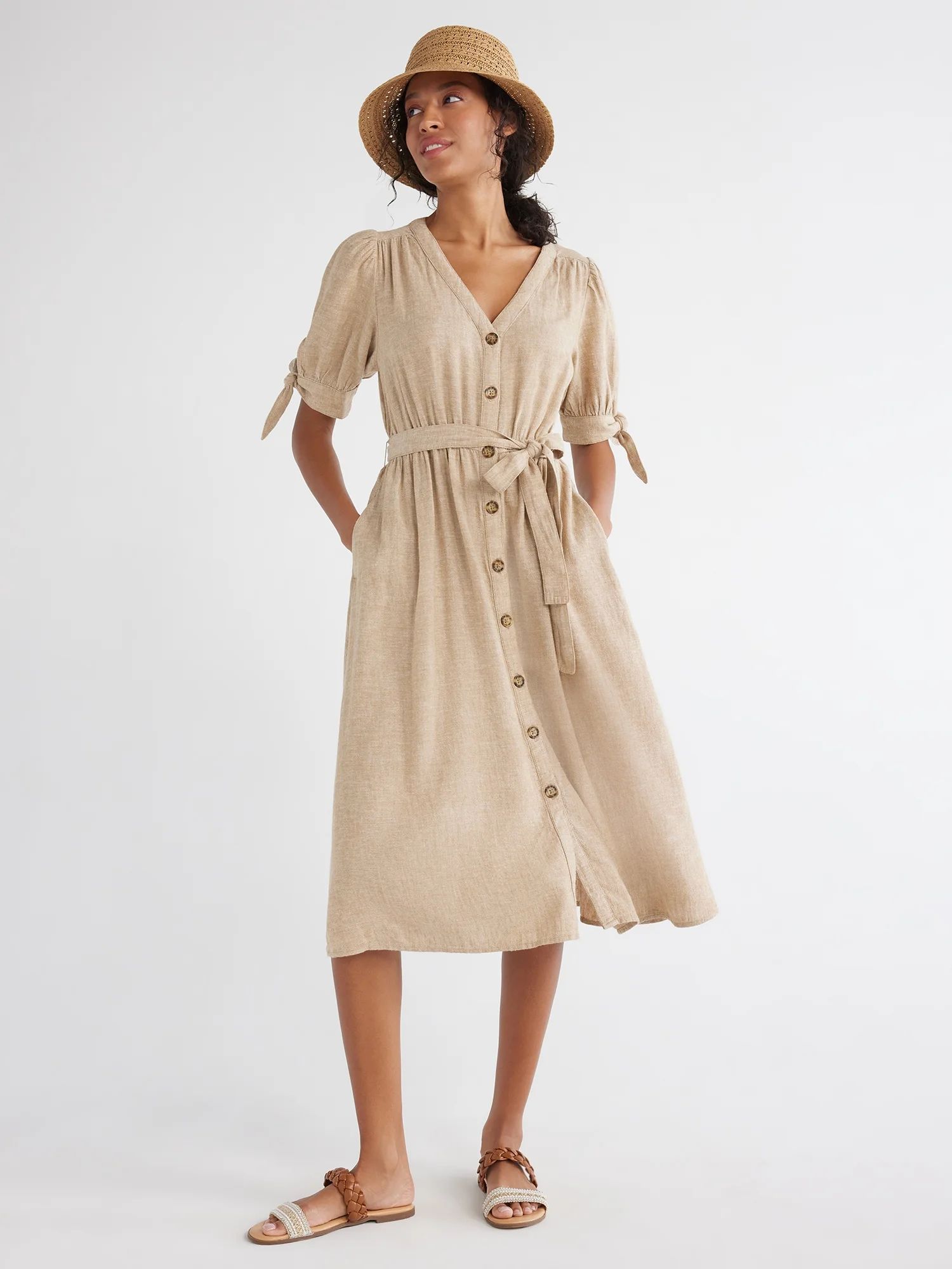 Time and Tru Women's and Women's Plus Tie Sleeve Linen Blend Midi Dress, Sizes XS-4X - Walmart.co... | Walmart (US)