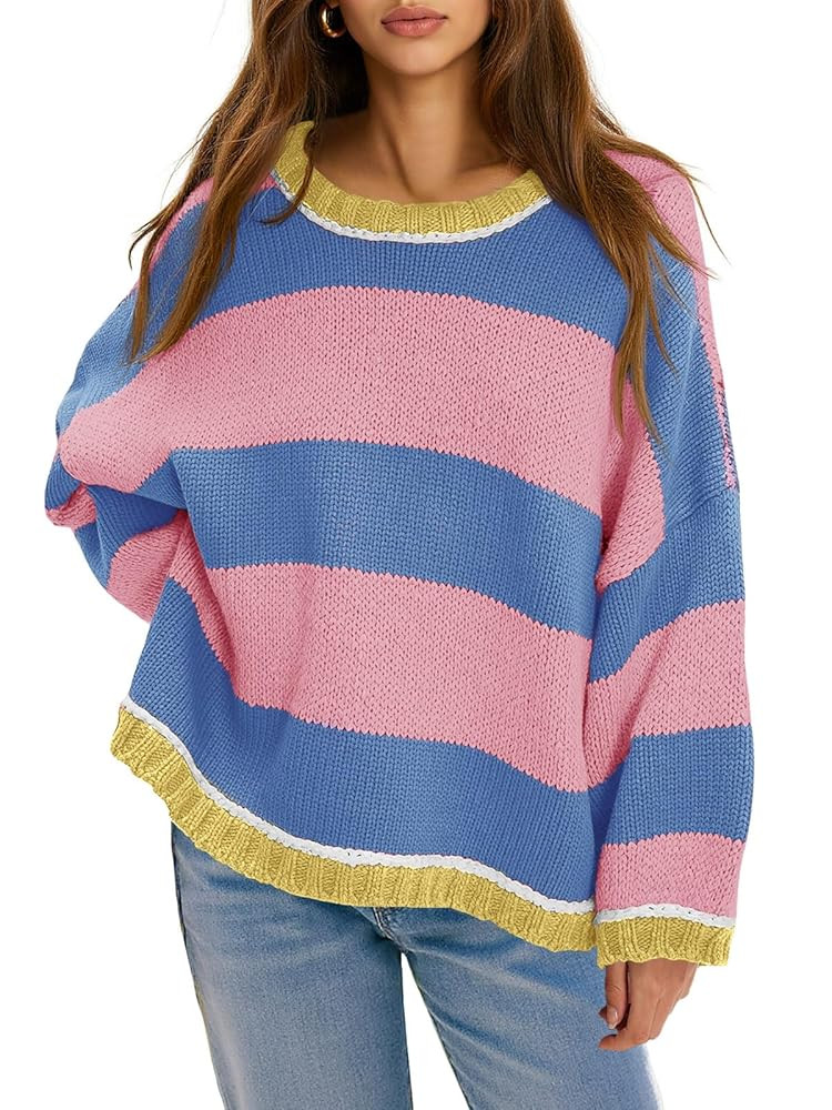 Fisoew Womens Oversized Sweaters Casual Long Sleeve Striped Color Block Crewneck Knitted Loose Fa... | Amazon (US)