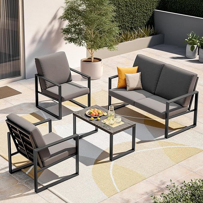 LAUSAINT HOME Patio Furniture Set, 4 Pcs Modern Outdoor Conversation Set with Table, Outdoor Meta... | Amazon (US)