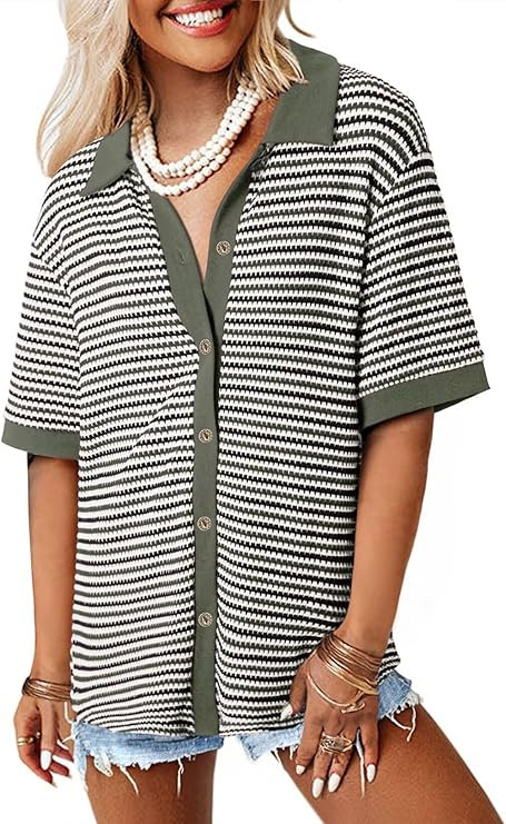 Dokotoo Women's Waffle Knit Tops 2025 Spring Summer Button V Neck Short Sleeve Shirts Casual Ligh... | Amazon (US)