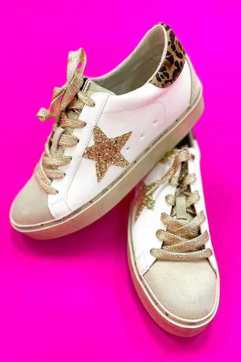 White Gold Glitter Star Animal Print Heel Tab Platform Sneakers | Shop Style Your Senses