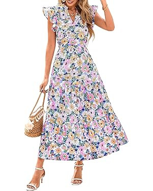 PRETTYGARDEN Women's 2026 Summer Floral Midi Dress Cap Sleeve V Neck Ruffle Long Flowy Boho Casua... | Amazon (US)