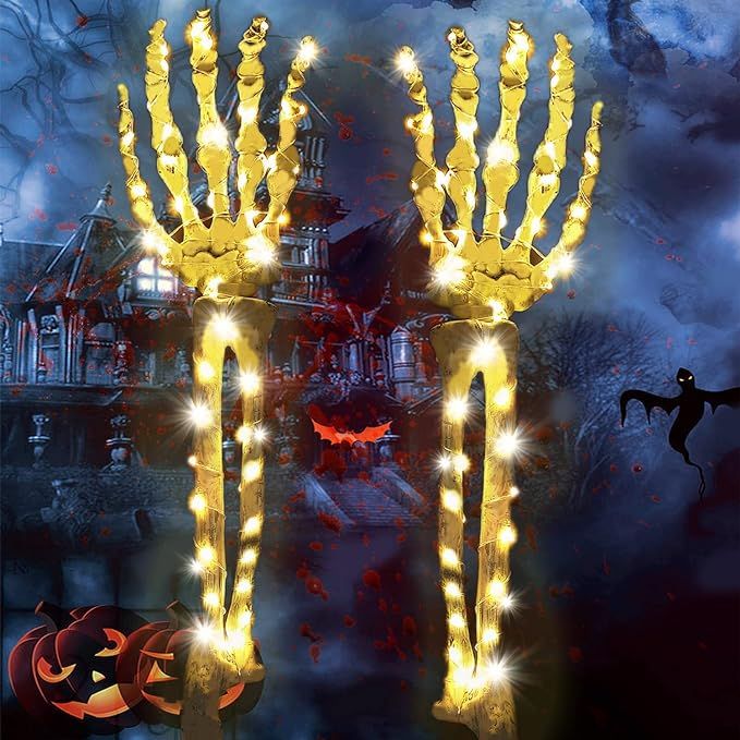 Halloween Decorations Outdoor Halloween Decor Lighted Skeleton Hands Arm Stake Lights 48 LED Real... | Amazon (US)