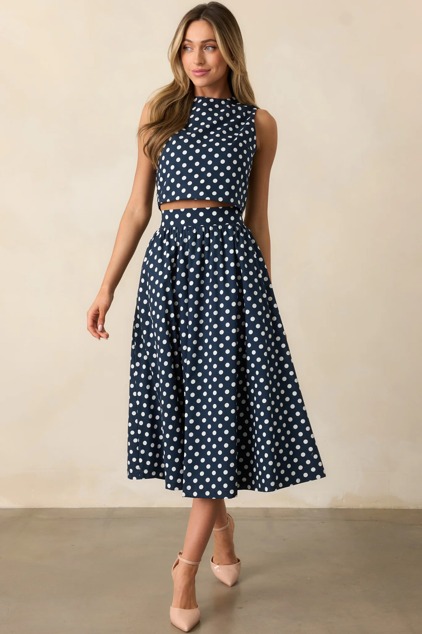 Prosperina Ellie Navy Polka Dot Cotton Tank Top | Red Dress