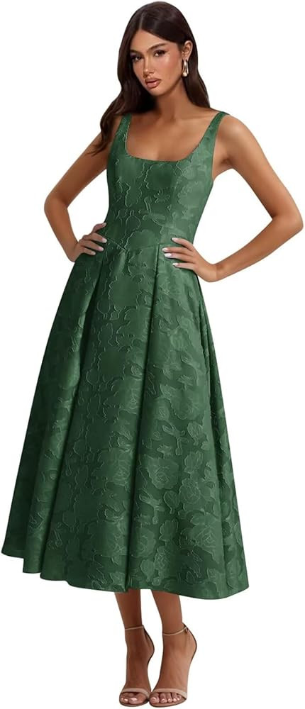 Basgute Floral Lace Bridesmaid Dresses for Women Tea Length A Line Pleated Wedding Guest Dress Fo... | Amazon (US)