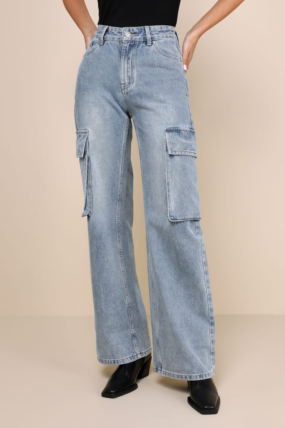 Icon Time Medium Wash Denim High-Rise Wide-Leg Cargo Jeans | Lulus