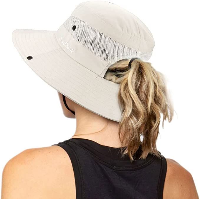 Women's Outdoor UV-Protection-Foldable Sun-Hats Mesh Wide-Brim Beach Fishing Hat with Ponytail-Ho... | Amazon (US)