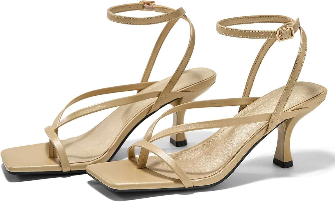 Women's Lace Up Heeled Sandals Square Toe Flip Flop Kitten Heel Ankle Strap Dress Shoes | Amazon (US)
