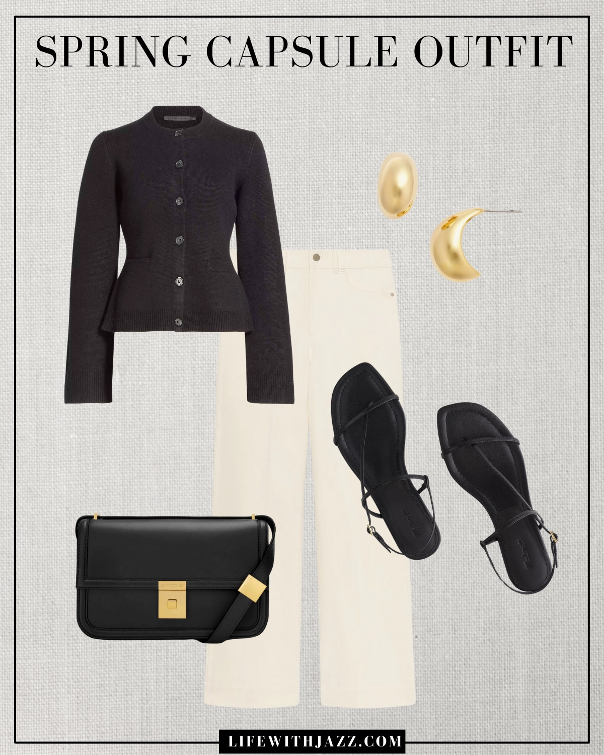 Spring capsule outfit 

Spring capsule / capsule wardrobe / smart casual outfit / cardigan / ecru wide leg jeans / black purse / strappy sandals / gold earrings / sc25 

#LTKStyleTip #LTKSeasonal