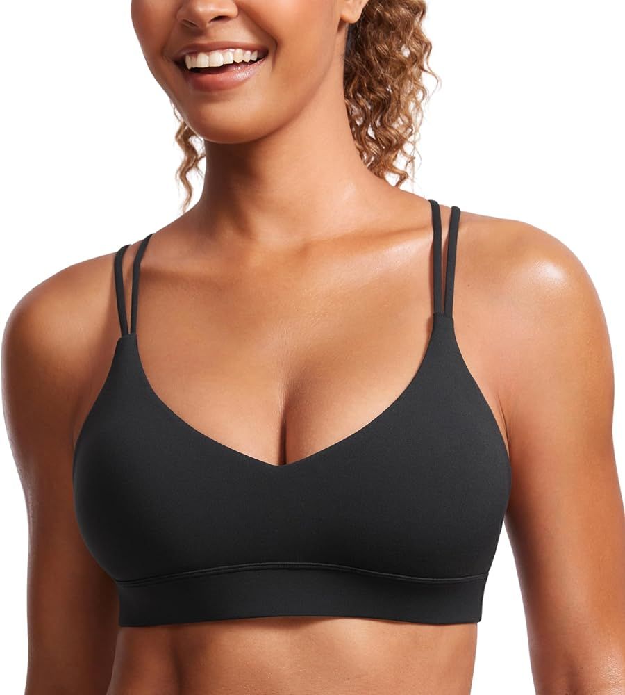 CRZ YOGA Butterluxe V Neck Strappy Sports Bras for Women - Thin Spaghetti Strap Padded Bra Sexy W... | Amazon (US)