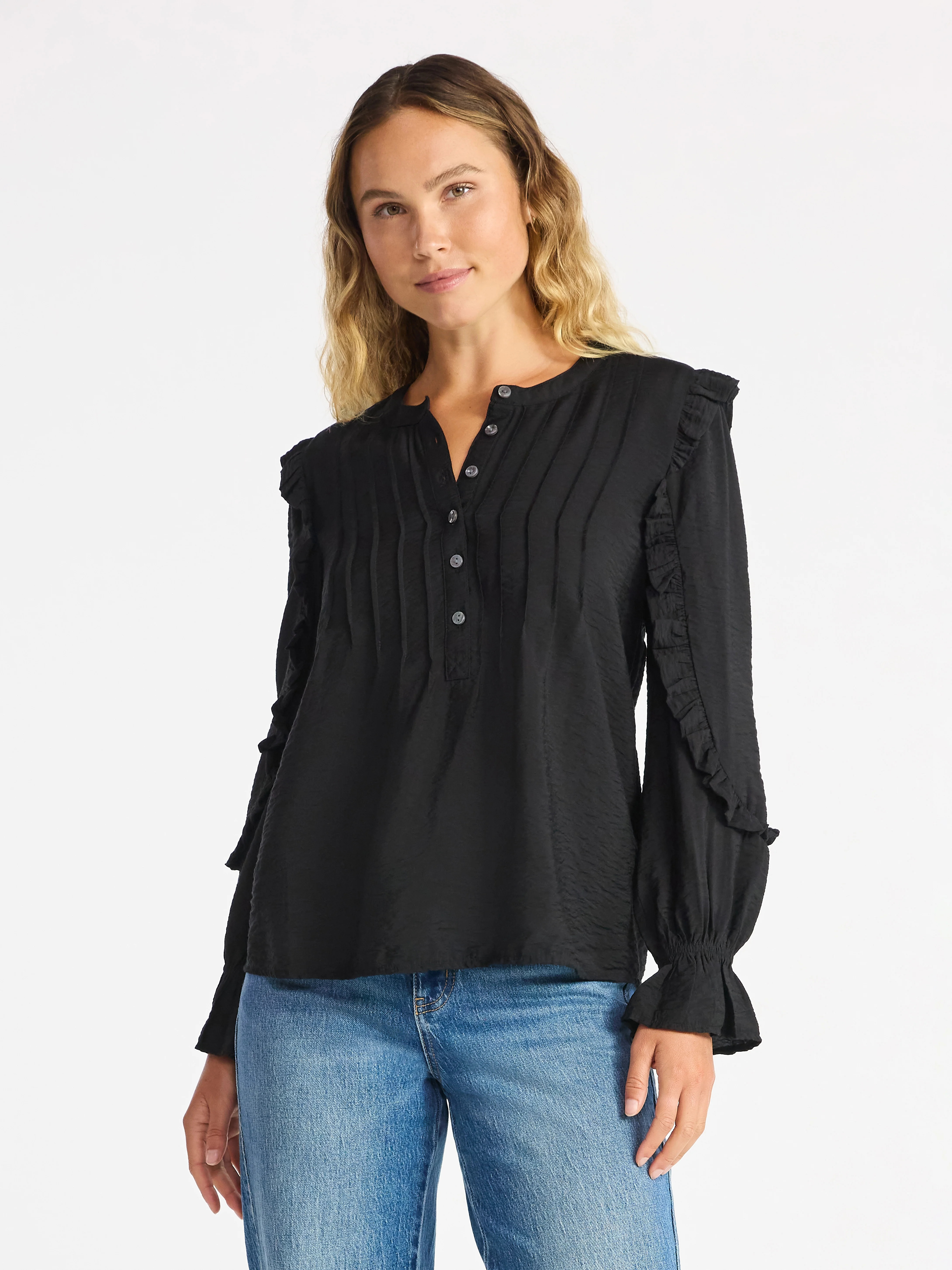 Time and Tru Women's Pintuck Ruffle Blouse with Long Sleeves, Sizes XS – XXXL | Walmart (US)