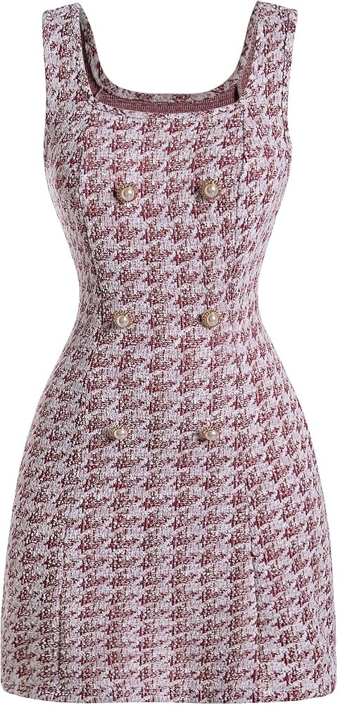 Floerns Women's Plaid Tweed Dress Sleeveless Square Neck Elegant Work Mini Dress | Amazon (CA)