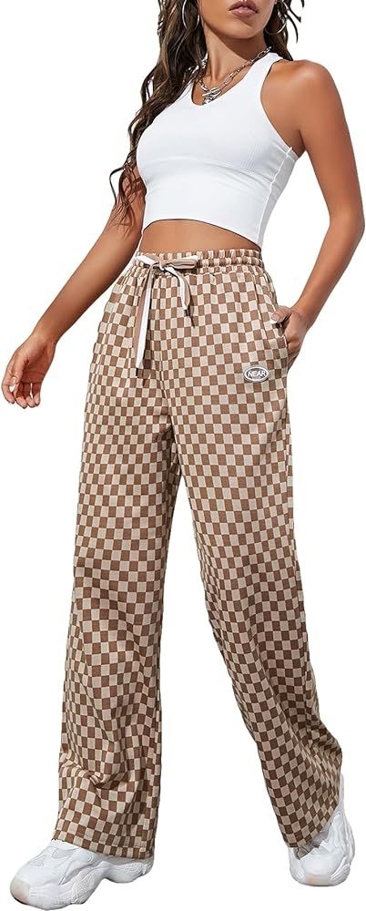 SOLY HUX Women's Plaid Sweatpants Drawstring High Waisted Straight Leg Long Pants with Pockets | Amazon (US)