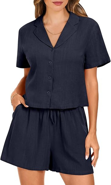 ANRABESS Women's Two Piece Outfits Linen Sets Short Sleeve Button Crop Tops Casual Lounge Shorts ... | Amazon (US)