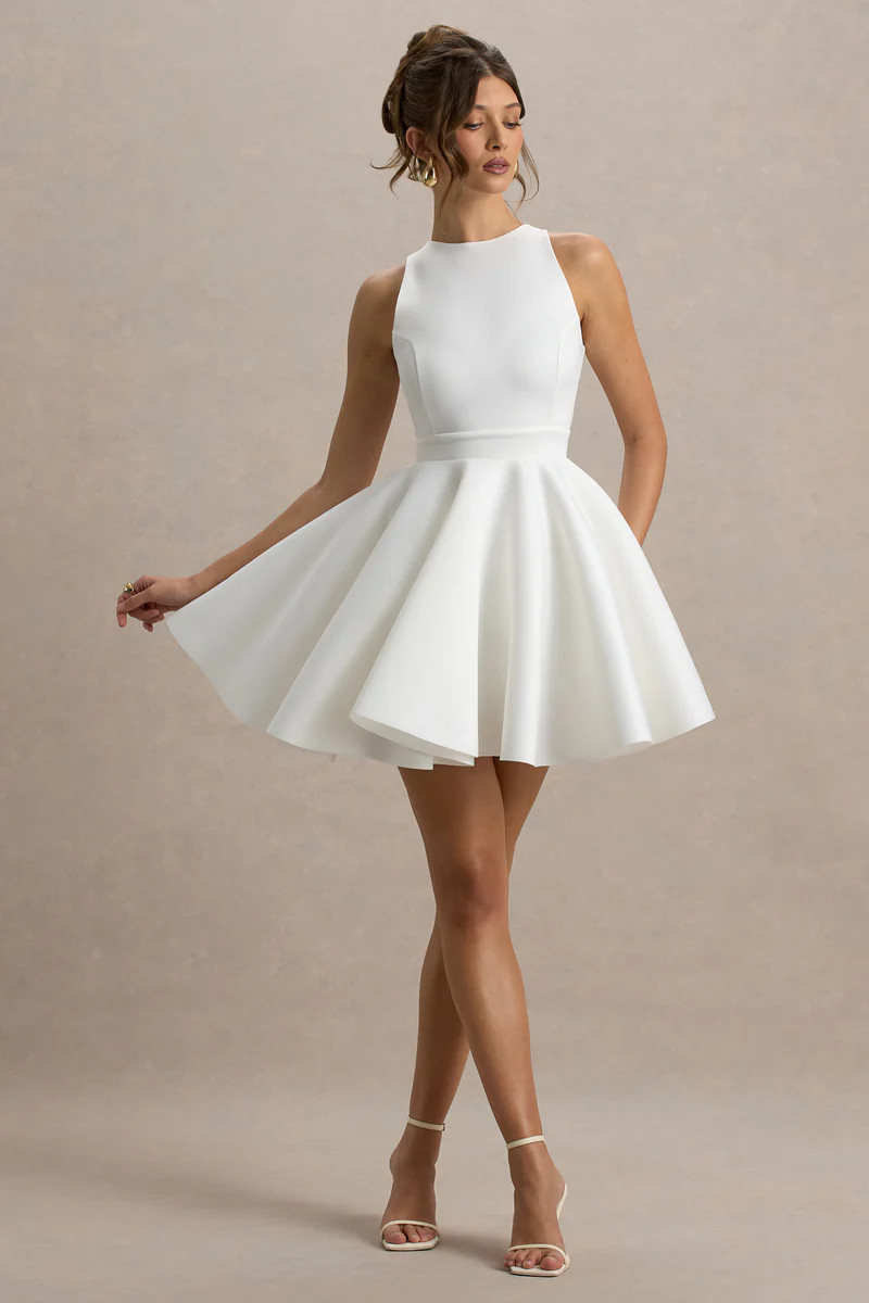 Waverly | White Racer-Neck Sleeveless Skater Mini Dress | Club L London