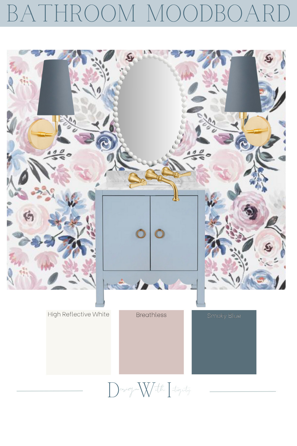This bathroom mood board blends soft floral wallpaper with a smoky blue vanity, gold fixtures, and a scalloped detail that brings charm to the space. Paired with Sherwin Williams High Reflective White, Breathless, and Smoky Blue, this palette balances elegance with playfulness. Would you choose bold florals in your bathroom design or keep it neutral? Shop the full look now on LTK and comment your favorite feature below.


#BathroomDesign #BathroomInspo #BathroomRemodel #BathroomMoodBoard #InteriorDesignIdeas #InteriorDesignInspo #BathroomVanity #PowderRoomDesign #BathroomWallpaper #HomeDecorIdeas #MoodBoardDesign #HomeStyling #BathroomTrends #InteriorDesignCommunity #RemodelGoals #DesignWithIntegrity #StyledSpaces #LTKHome #LTKBathroom #DreamBathroom #HomeDesignInspo #RemodelInspiration #InteriorDetails #HomeDecorStyle #ShopThePost 

 #LTKHome