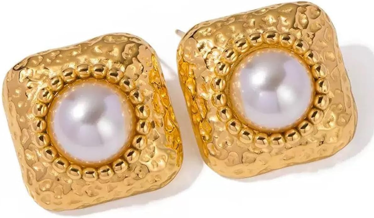 Vintage Gold & Pearl Stud Statement Earrings with Textured Details – Elegant Lightweight Jewelr... | Amazon (US)