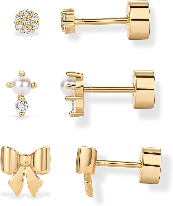 PAVOI 14K Gold Plated Dainty Flat Back Earrings for Women - Hypoallergenic Sterling Silver Posts ... | Amazon (US)