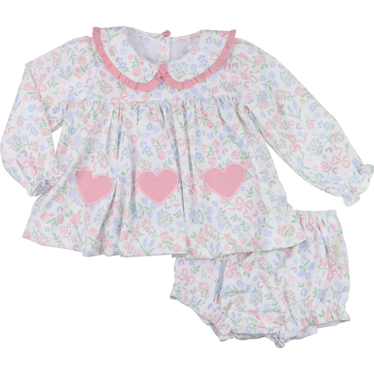 Pink And Blue Floral Corduroy Applique Heart Diaper Set | Cecil and Lou