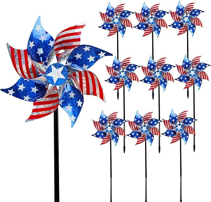 Hausse 10 Pack Reflective Pinwheels Patriotic Decorations, American Flag on Stick Wind Spinner wi... | Amazon (US)